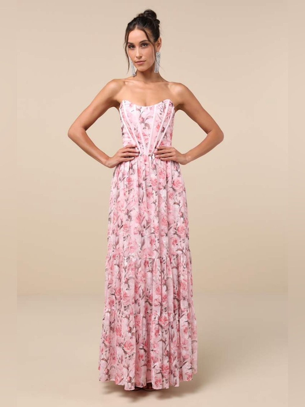 🆕(NWT) LULUs Special Moment Pink Floral Strapless Chiffon Bustier Maxi Dress. XL